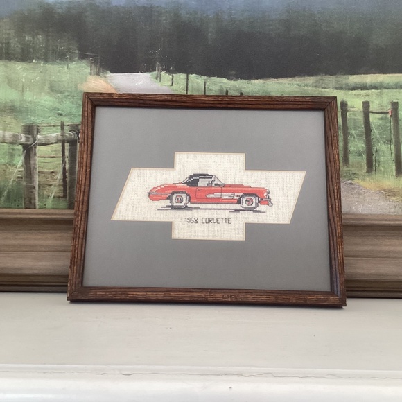 Hand Stitched Corvette Stingray Cross Stitch W/Frame 12”x15” Vintage Sports Car - Picture 10 of 10